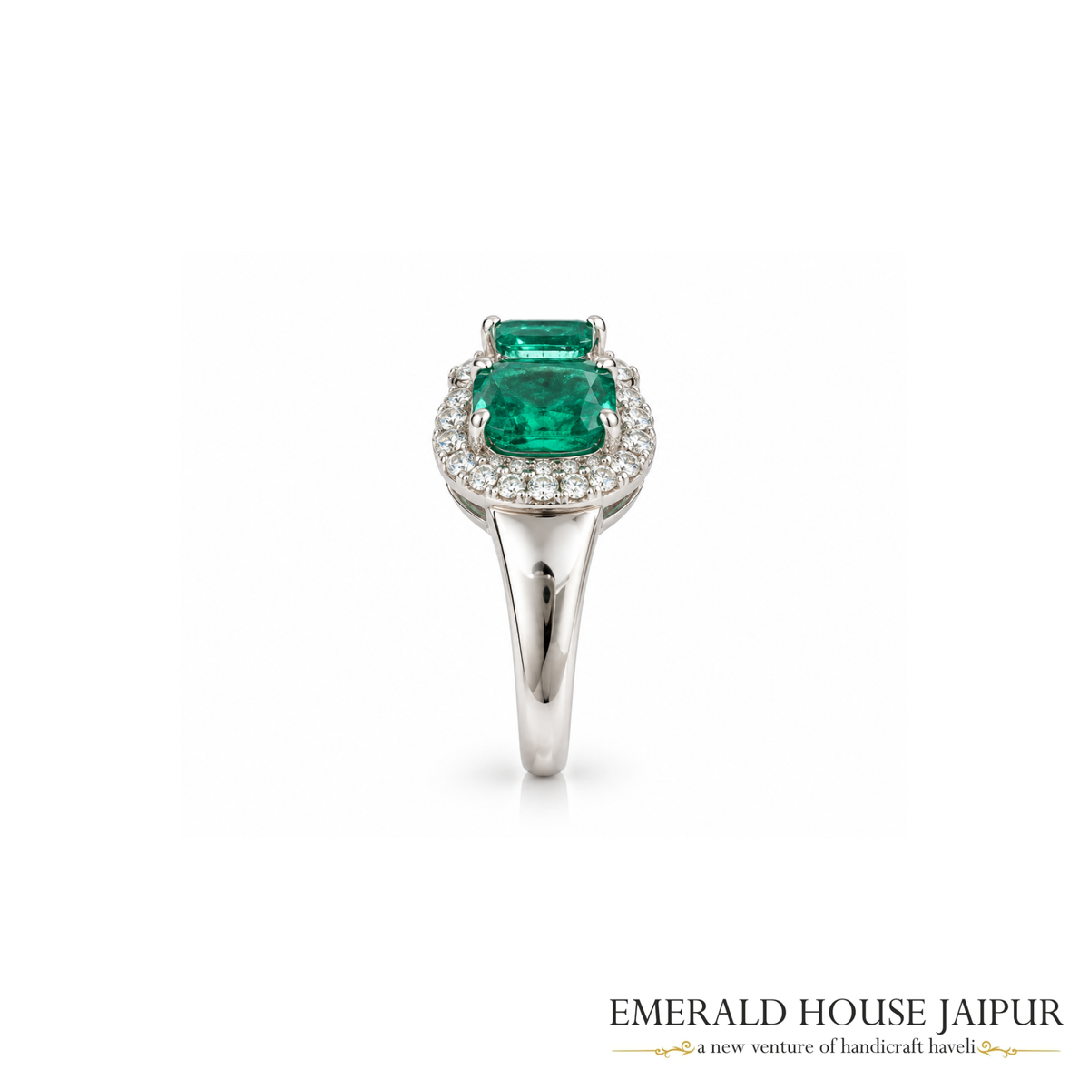 Zambian Triple Oval Emeralds Ring with Round Diamonds in 18K White Gold