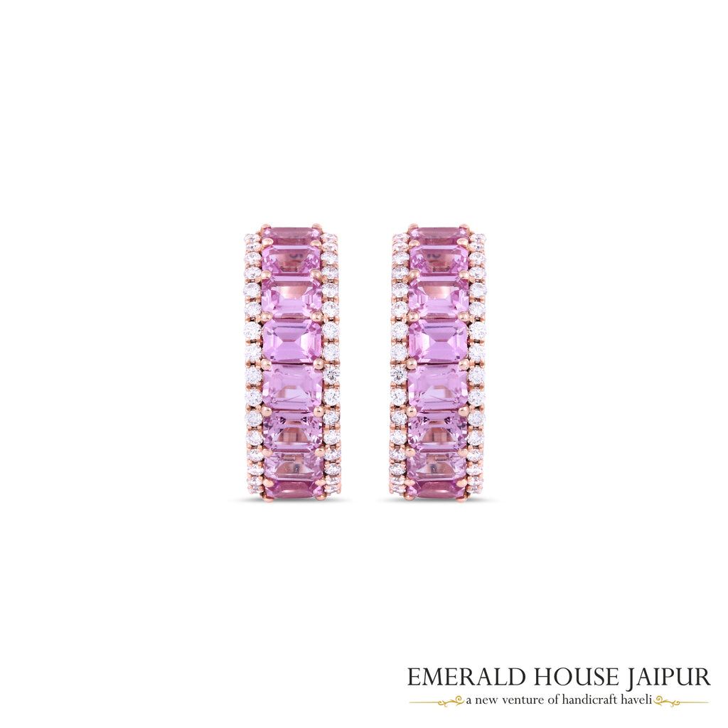 Petite Emerald-Cut Pink Sapphire Hoops
