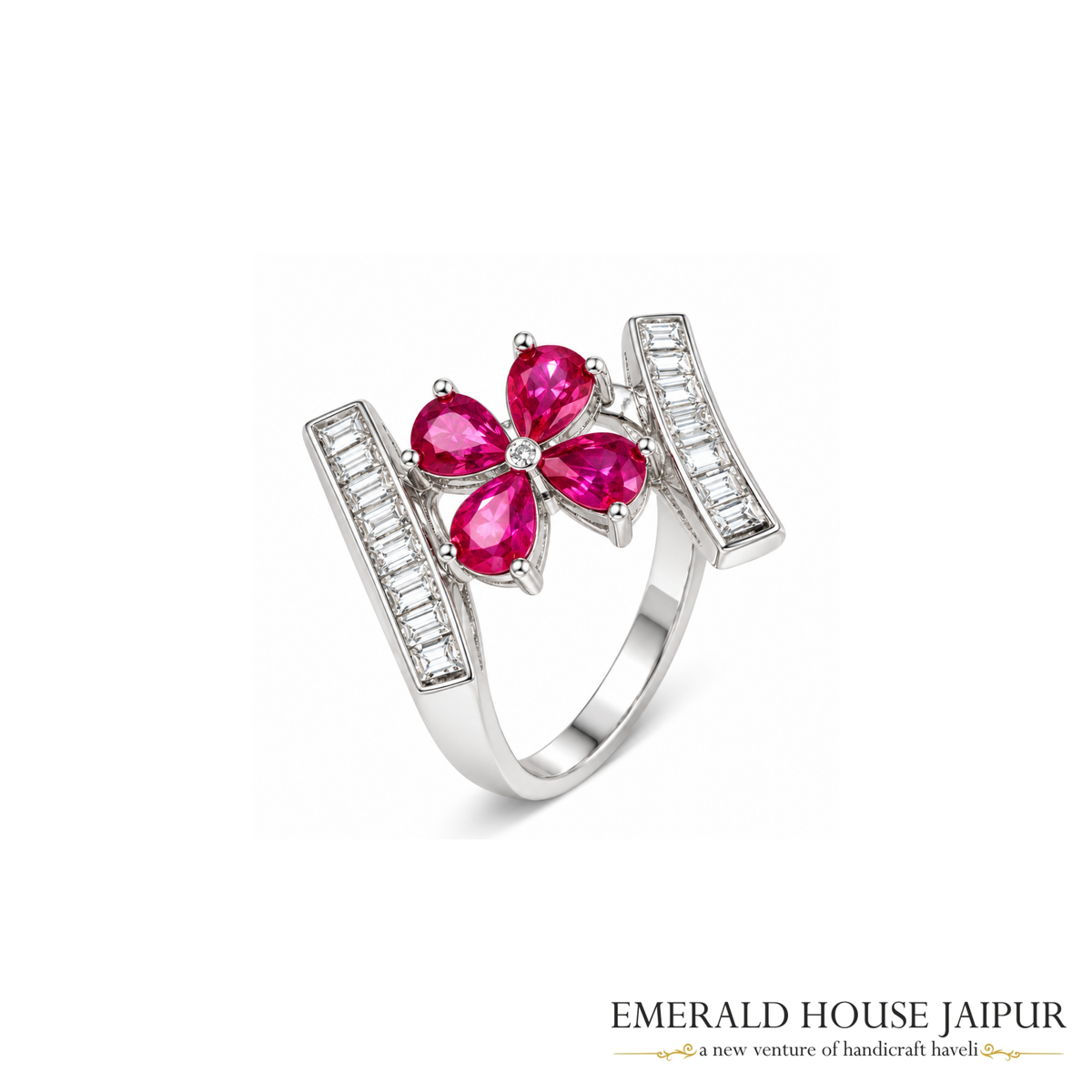 Mozambique Pears Ruby Ring with Round Diamonds in 18K White Gold
