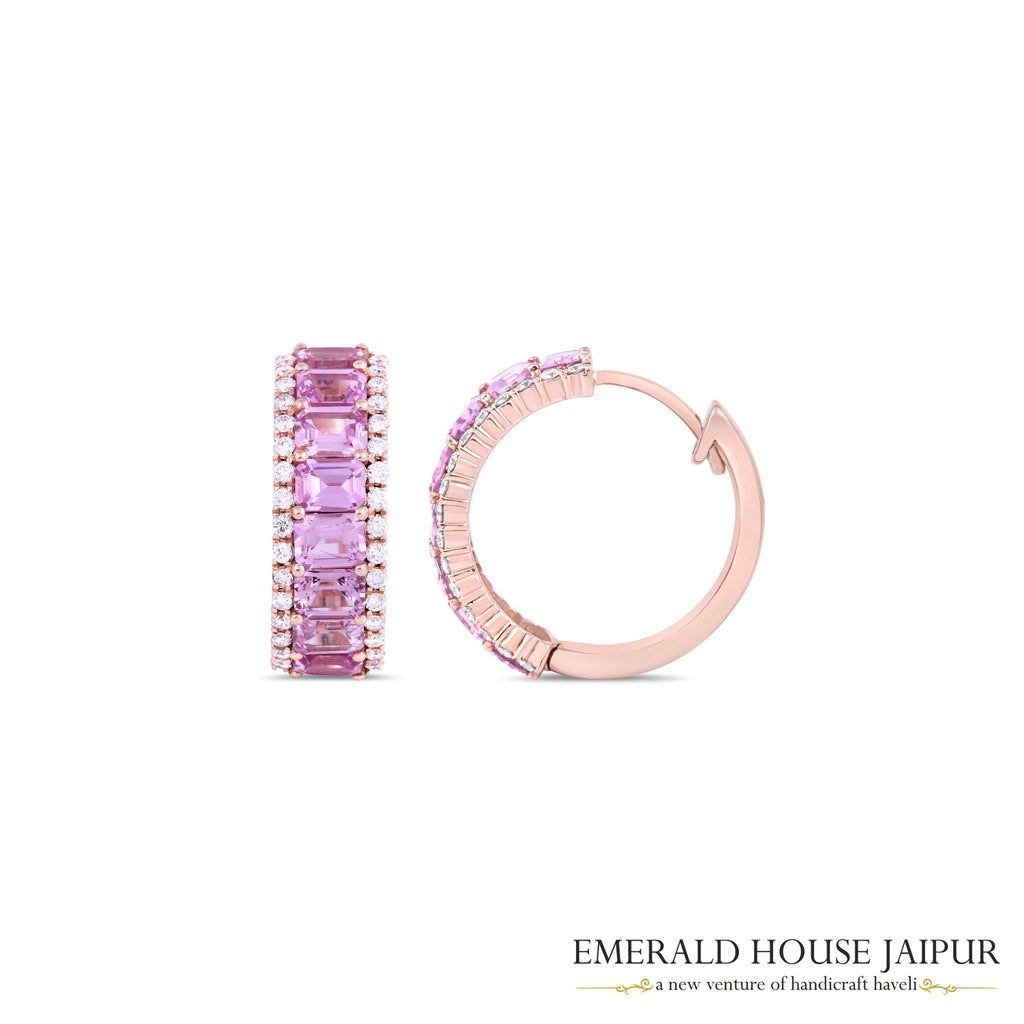 Petite Emerald-Cut Pink Sapphire Hoops