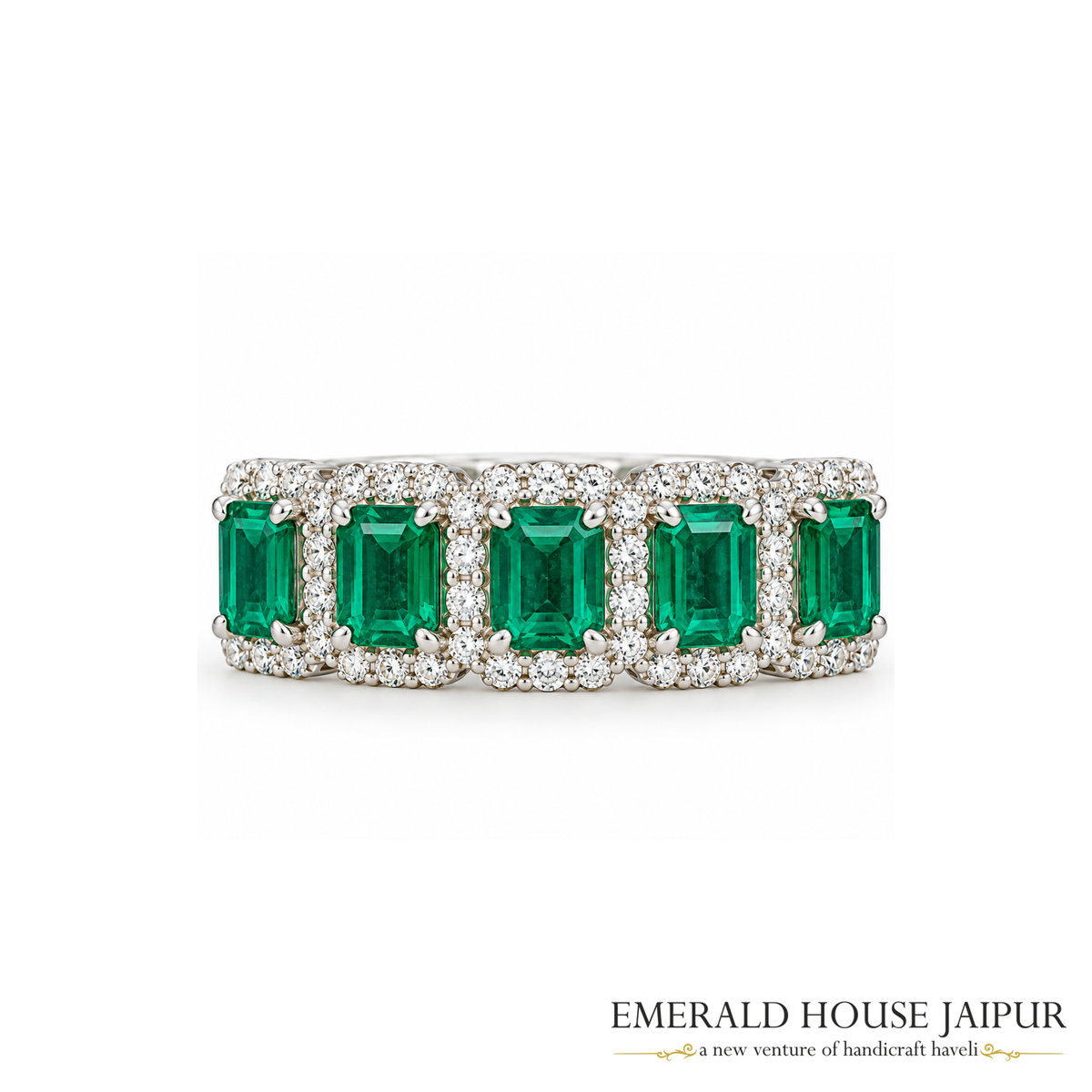 Rectangular Step-Cut Emerald & Round Brilliant-Cut Diamond Band Ring in 18K White Gold
