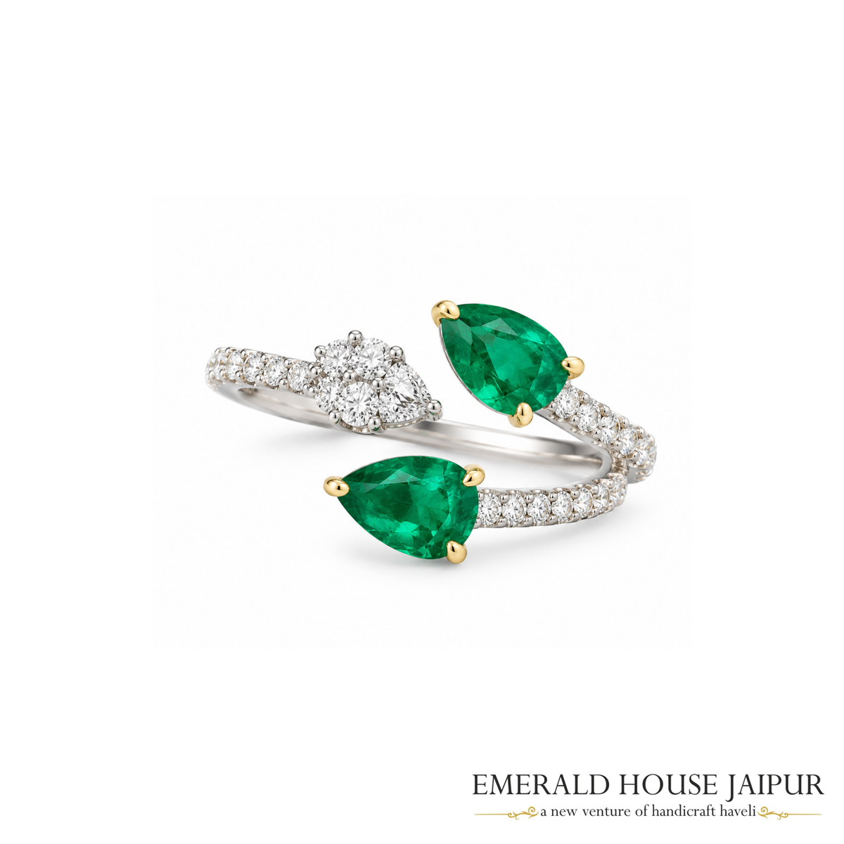 Pear-Cut Emerald & Pear-Cut Diamond Toi et Moi Ring in 18K White Gold