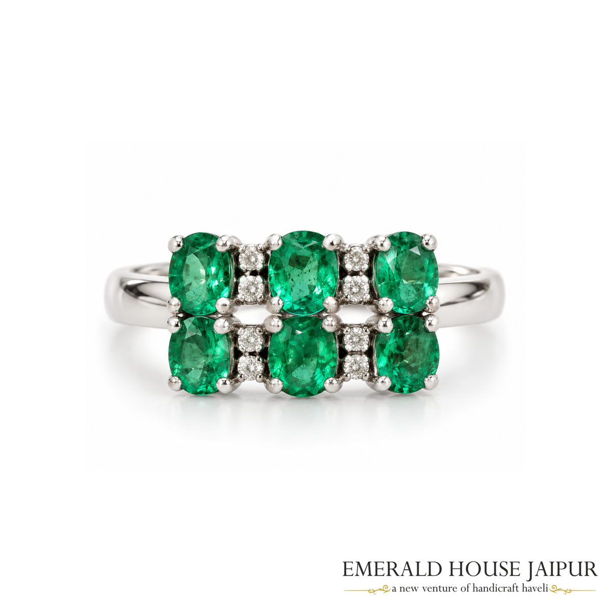 Zambian Hexa Oval Emeralds Ring with Round Diamonds in 18K White Gold