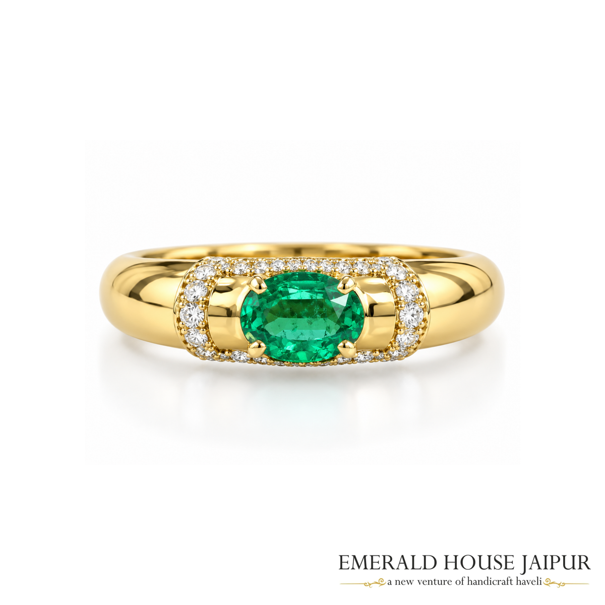Zambian Oval Emerald Ring with Round Diamonds in 14K Yellow Gold