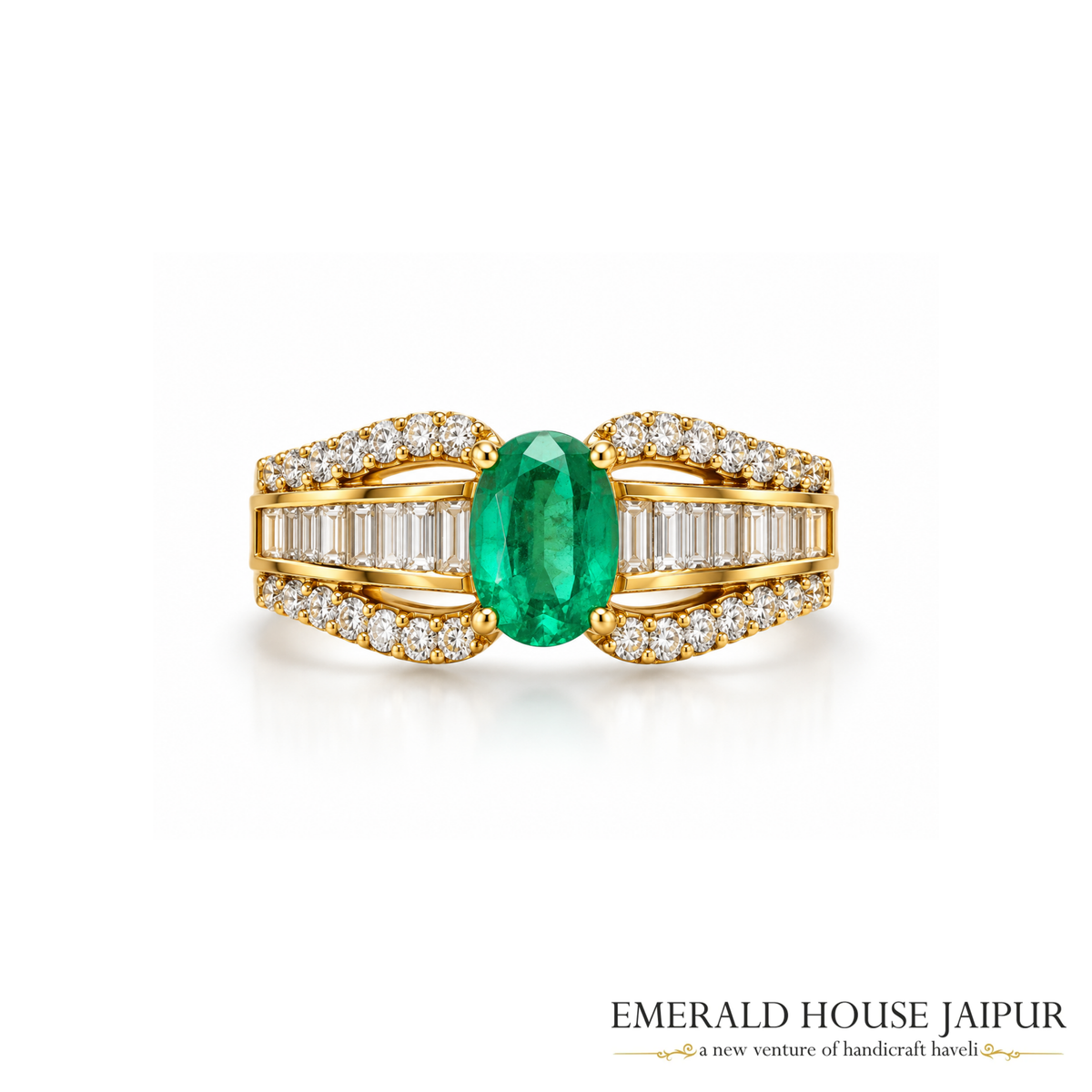Zambian Oval Emerald Ring with Baguette & Round Diamonds in 14K Yellow Gold