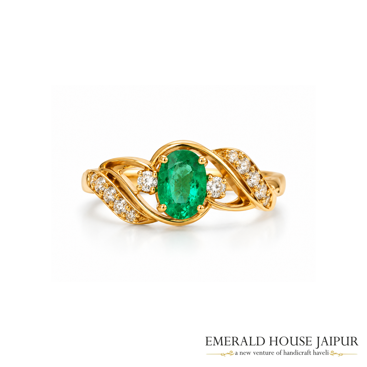 Zambian Oval Emerald Ring with Round Diamonds in 18K Yellow Gold