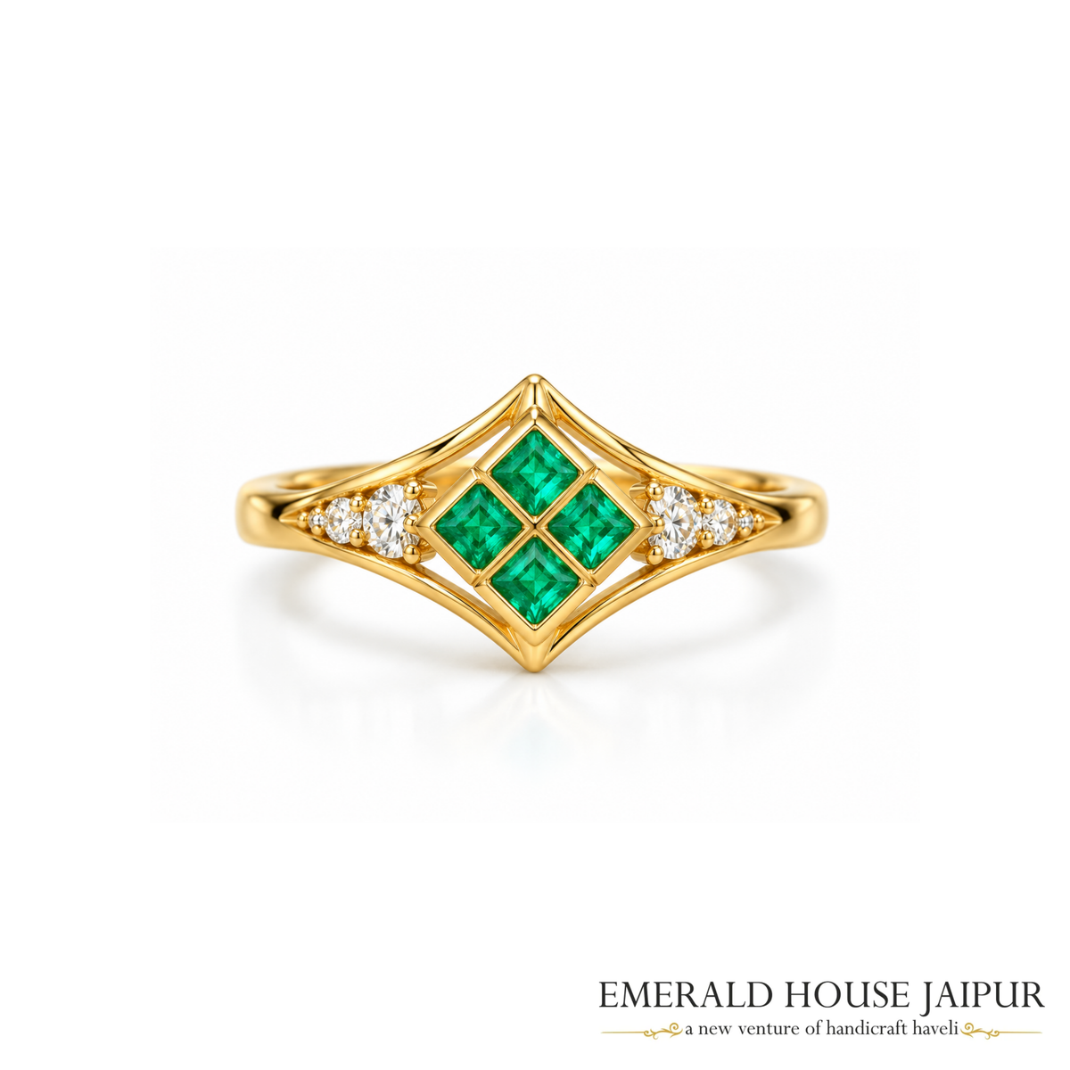 Zambian Princess Emeralds Ring with Round Diamonds in 14K Yellow Gold