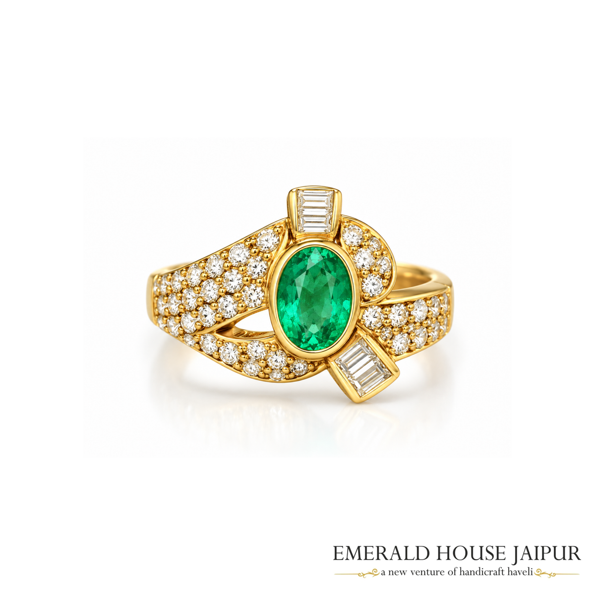 Zambian Oval Emerald Ring with Baguette & Round Diamonds in 18K Yellow Gold