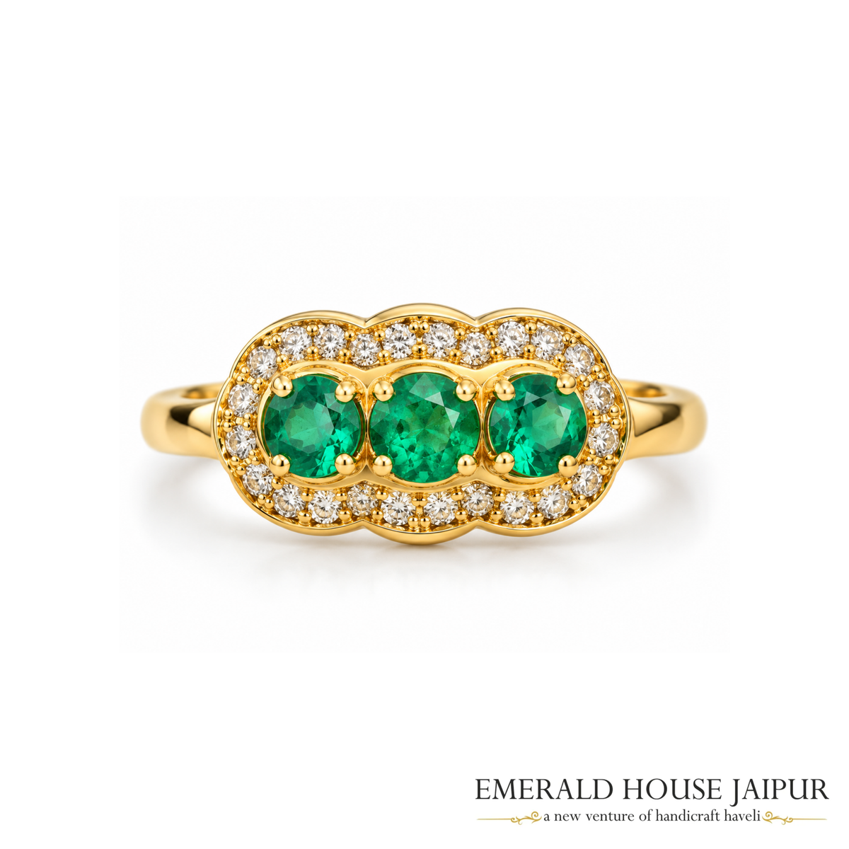 Zambian Round Emeralds Ring with Round Diamonds in 14K Yellow Gold