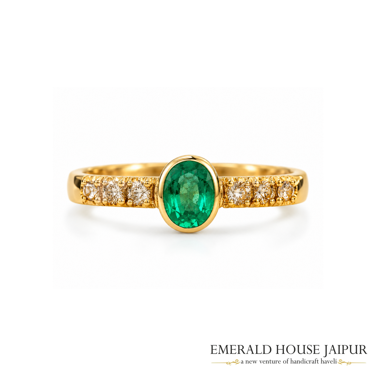 Zambian Oval Emerald Ring with Round Diamonds in 18K Yellow Gold