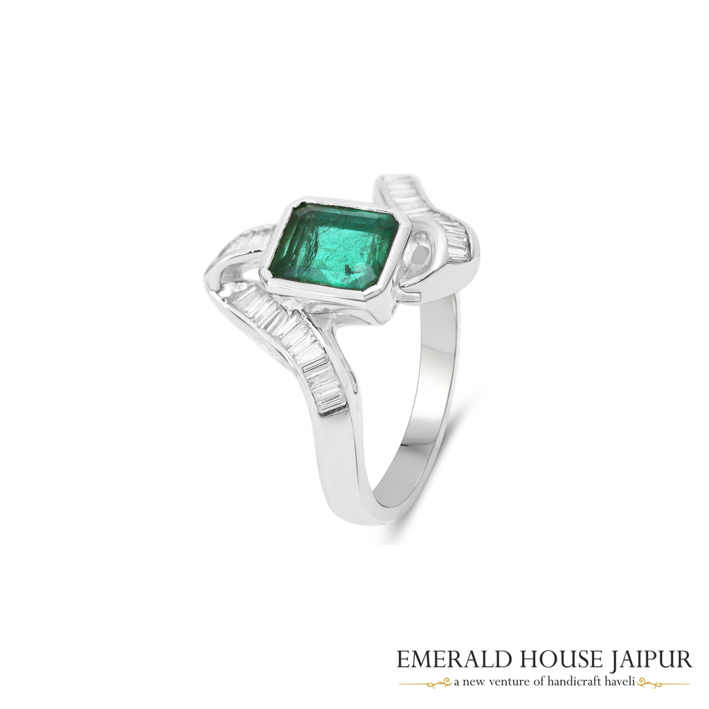 Zambian Octagonal Emerald Ring with Baguette Diamonds in 18K White Gold