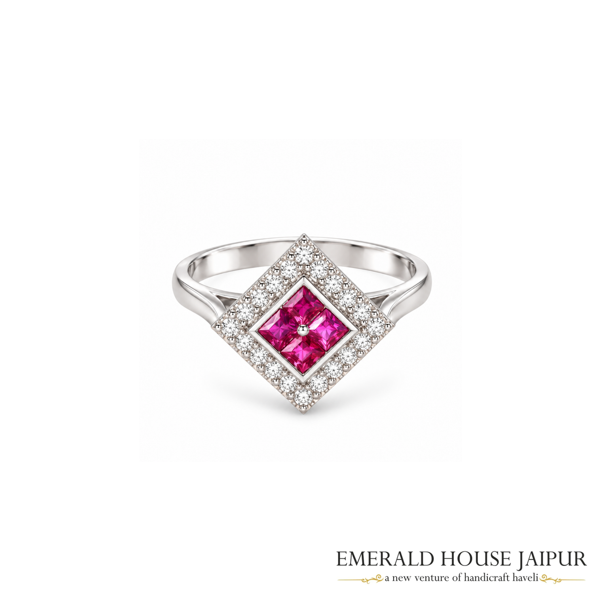 Mozambique Princess Ruby Ring with Round Diamonds in 18K White Gold