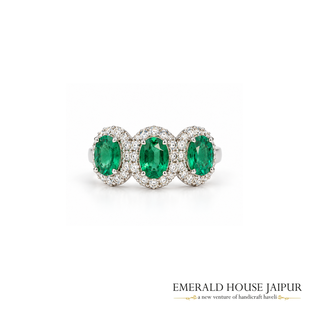 Zambian Triple Oval Emeralds Ring with Round Diamonds in 18K White Gold