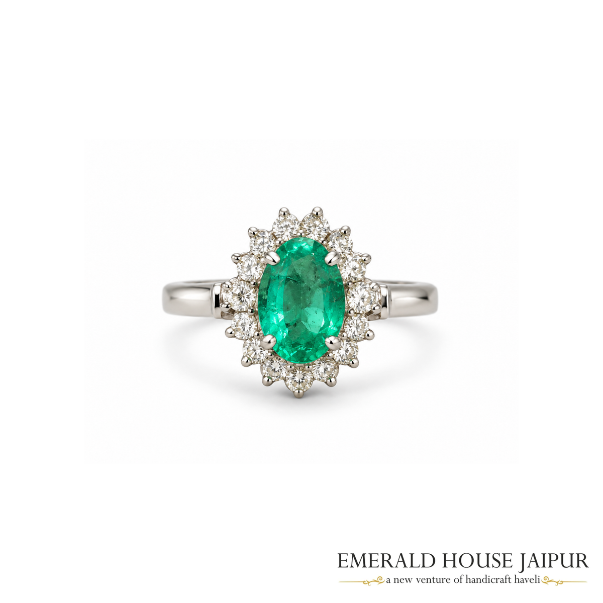 Zambian Oval Emerald Ring with Round Diamonds in 14K White Gold