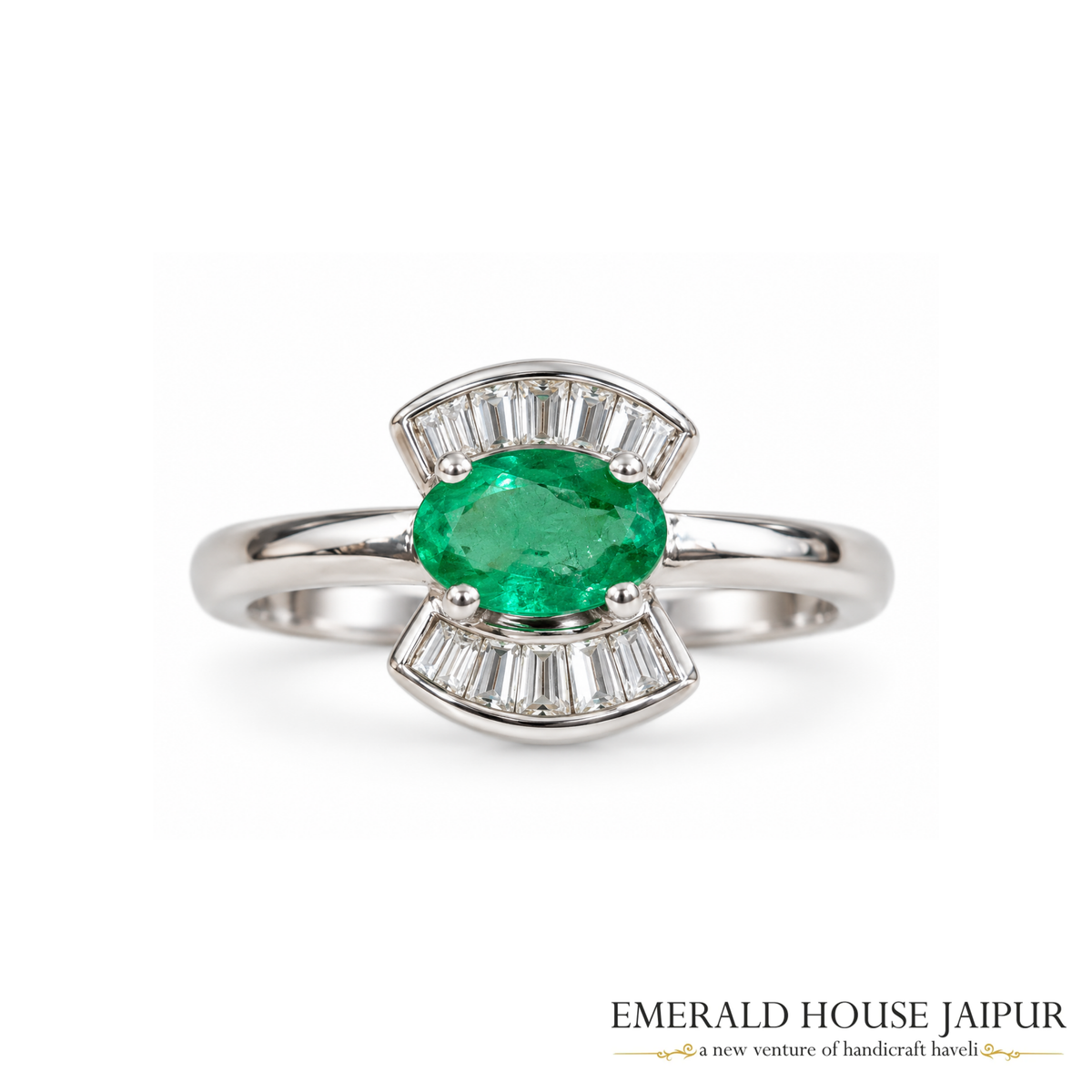 Zambian Oval Emerald Ring with Baguette Diamonds in 18K White Gold