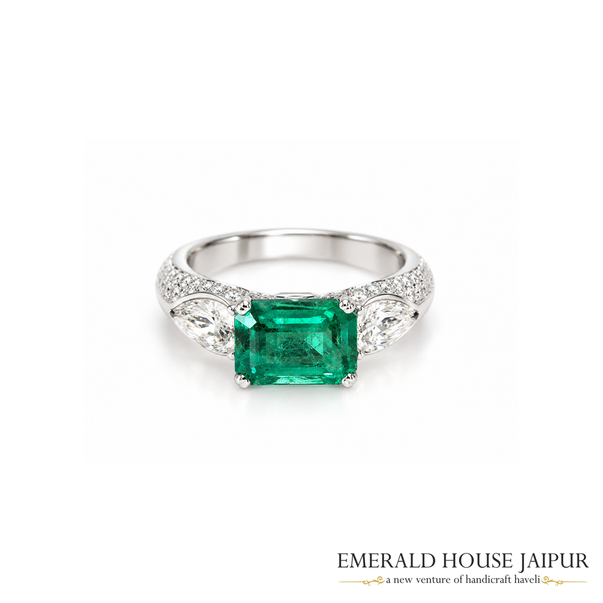 Zambian Octagonal Emerald Ring with Pear & Round Diamonds in 18K White Gold