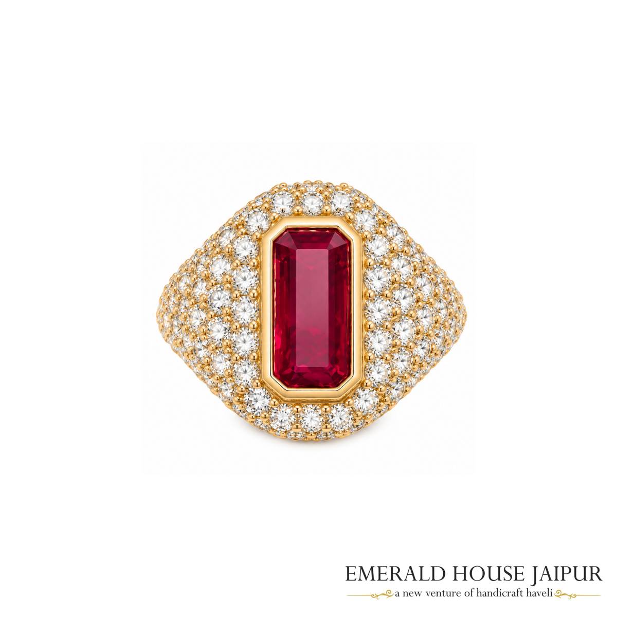 Emerald-Cut Mozambique Ruby & Pavé Diamond Ring in 18K Yellow Gold