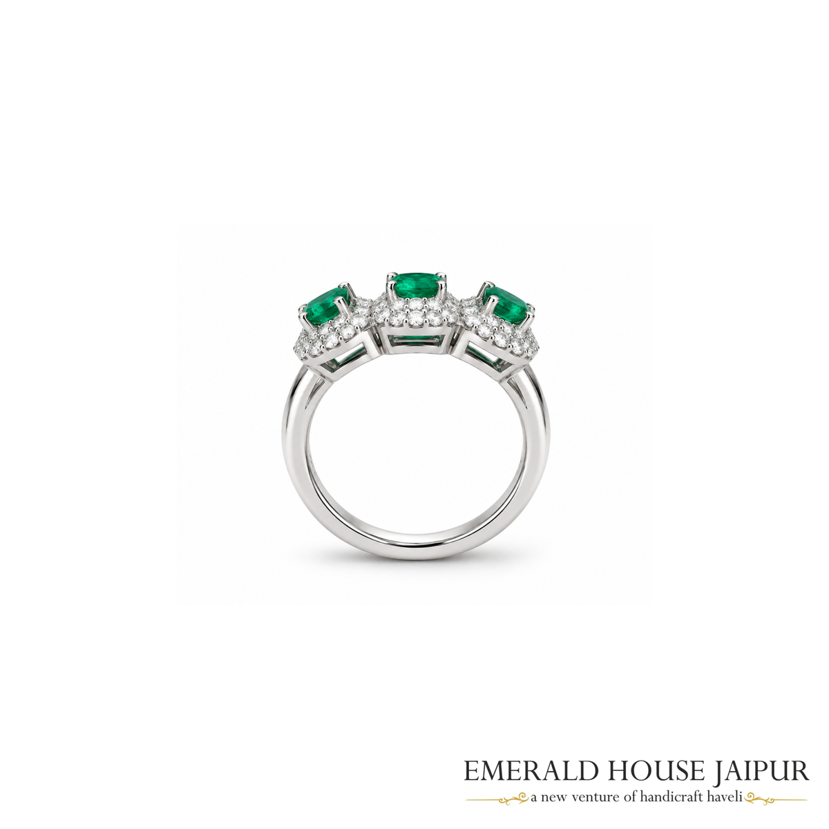 Zambian Triple Oval Emeralds Ring with Round Diamonds in 18K White Gold