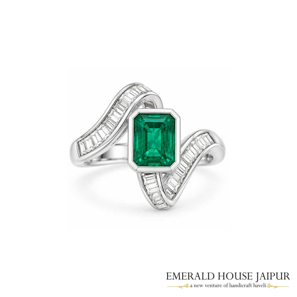 Zambian Octagonal Emerald Ring with Baguette Diamonds in 18K White Gold