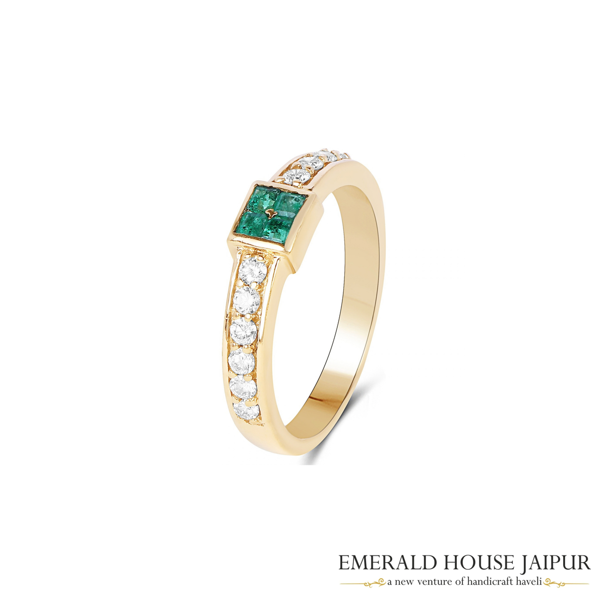 Zambian Round Quad Emeralds Ring with Round Diamonds in 14K Yellow Gold