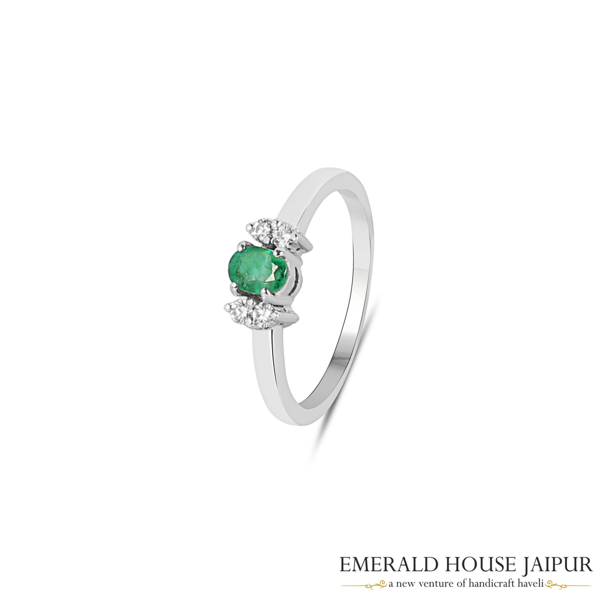 Zambian Oval Emerald Ring with Round Diamonds in 18K White Gold