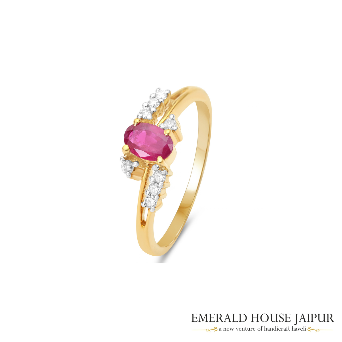 Mozambique Oval Ruby Ring with Round Diamonds in 14K Yellow Gold