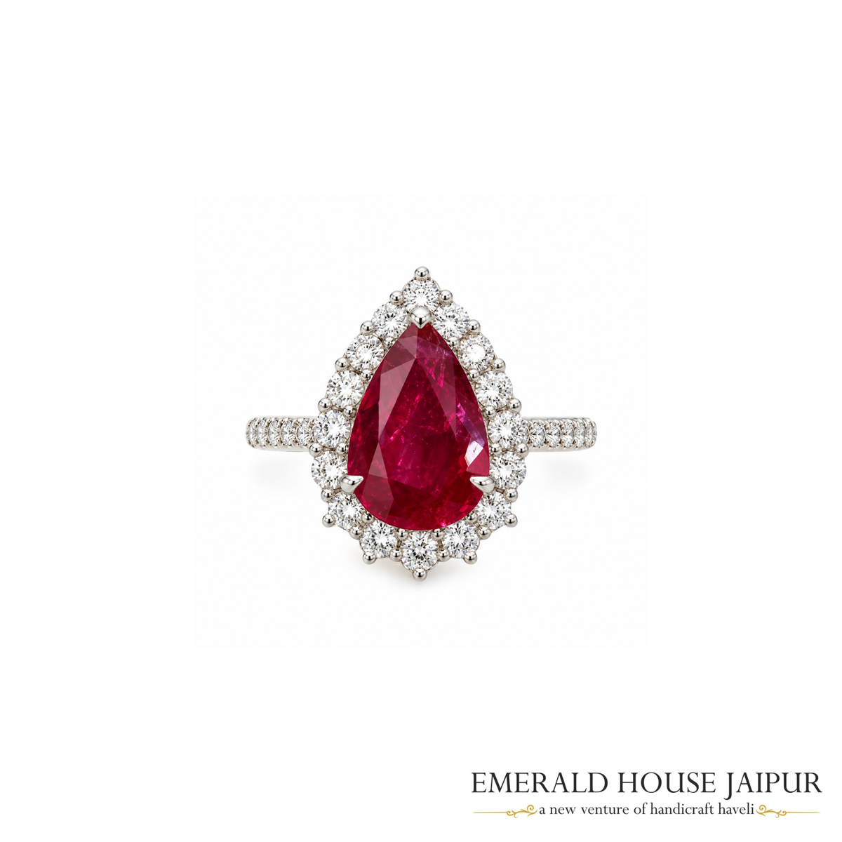 Pear-Cut Mozambique Ruby & Pear-Cut Diamond Halo Ring in 18K White Gold