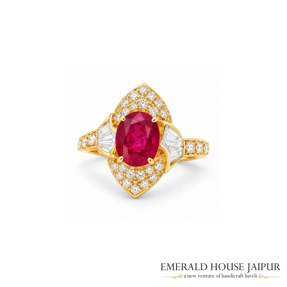 Mozambique Oval Ruby Ring with Baguettes & Round Diamonds in 18K Yellow Gold