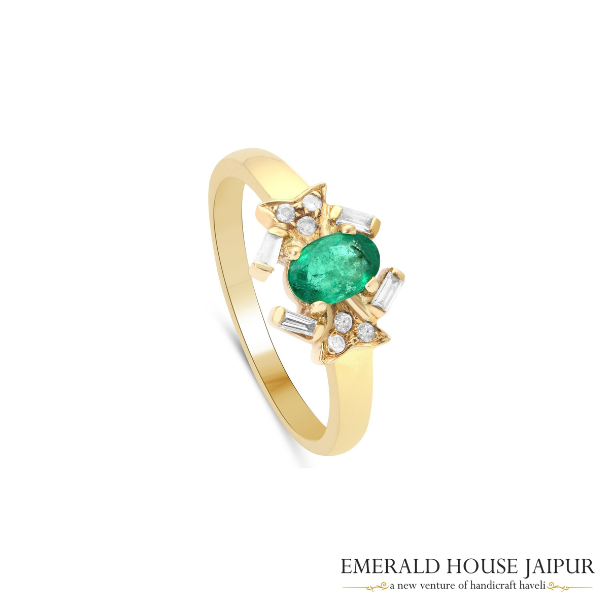 Zambian Oval Emerald Ring with Baguette & Round Diamonds in 18K Yellow Gold