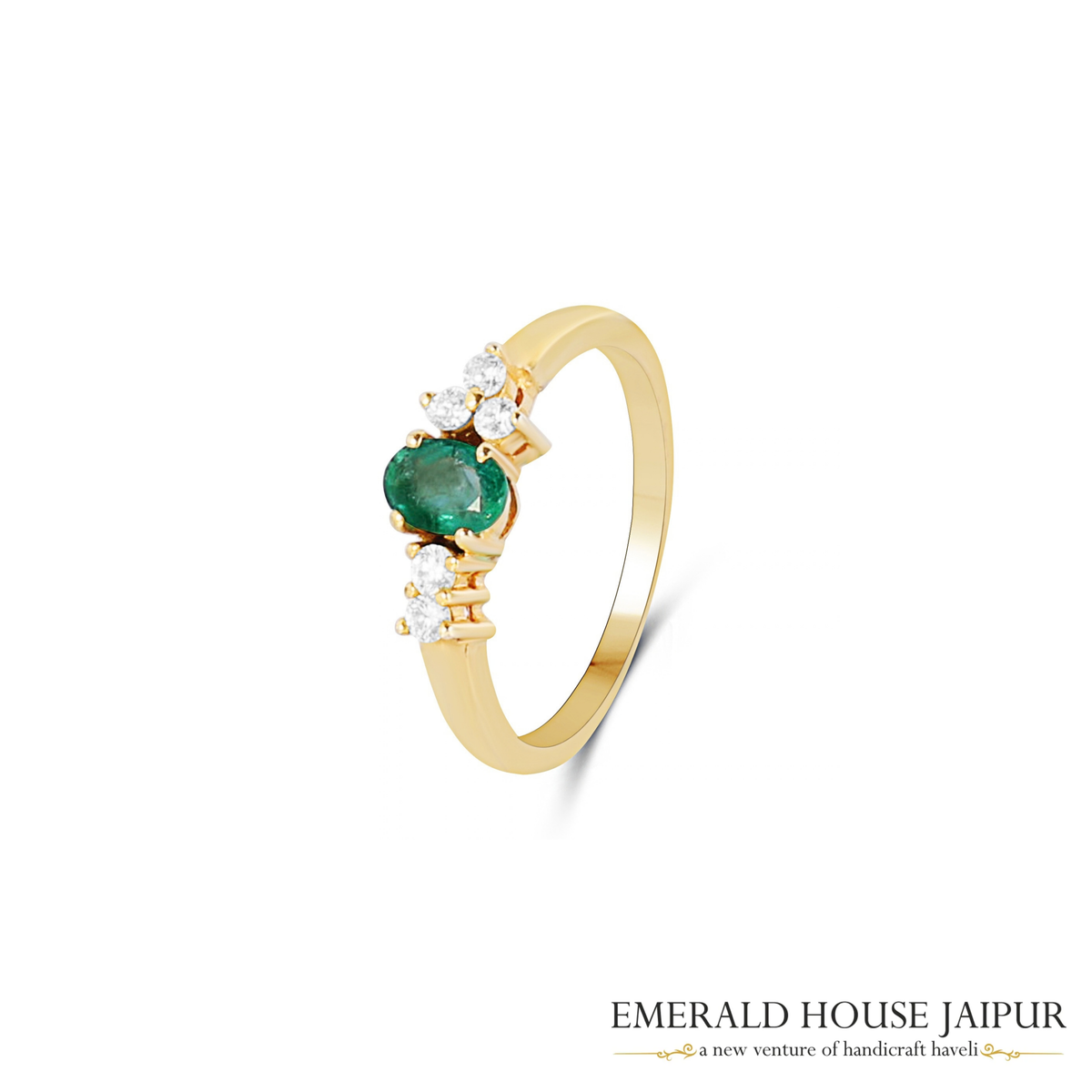 Zambian Oval Emerald Ring with Round Diamonds in 18K Yellow Gold