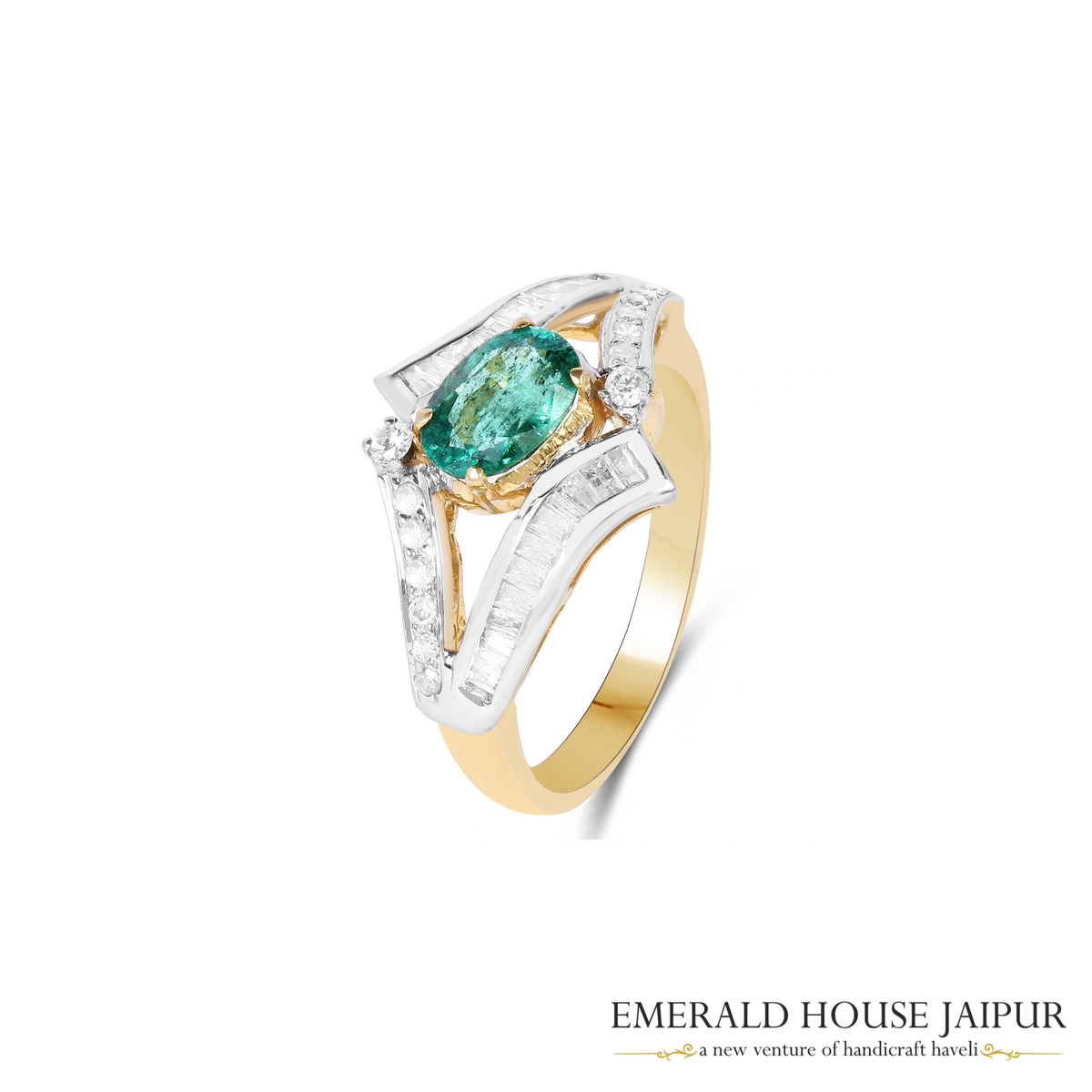 Zambian Oval Emerald Ring with Round & Baguette Diamonds in 14K Yellow Gold