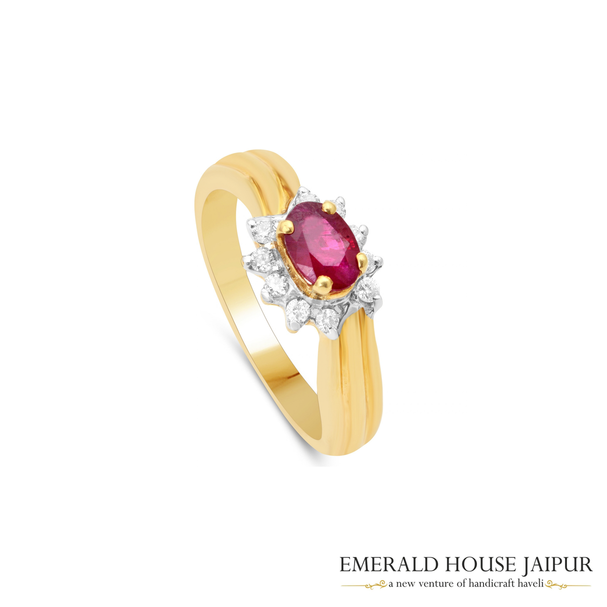 Mozambique Oval Ruby Ring with Round Diamonds in 18K Yellow Gold