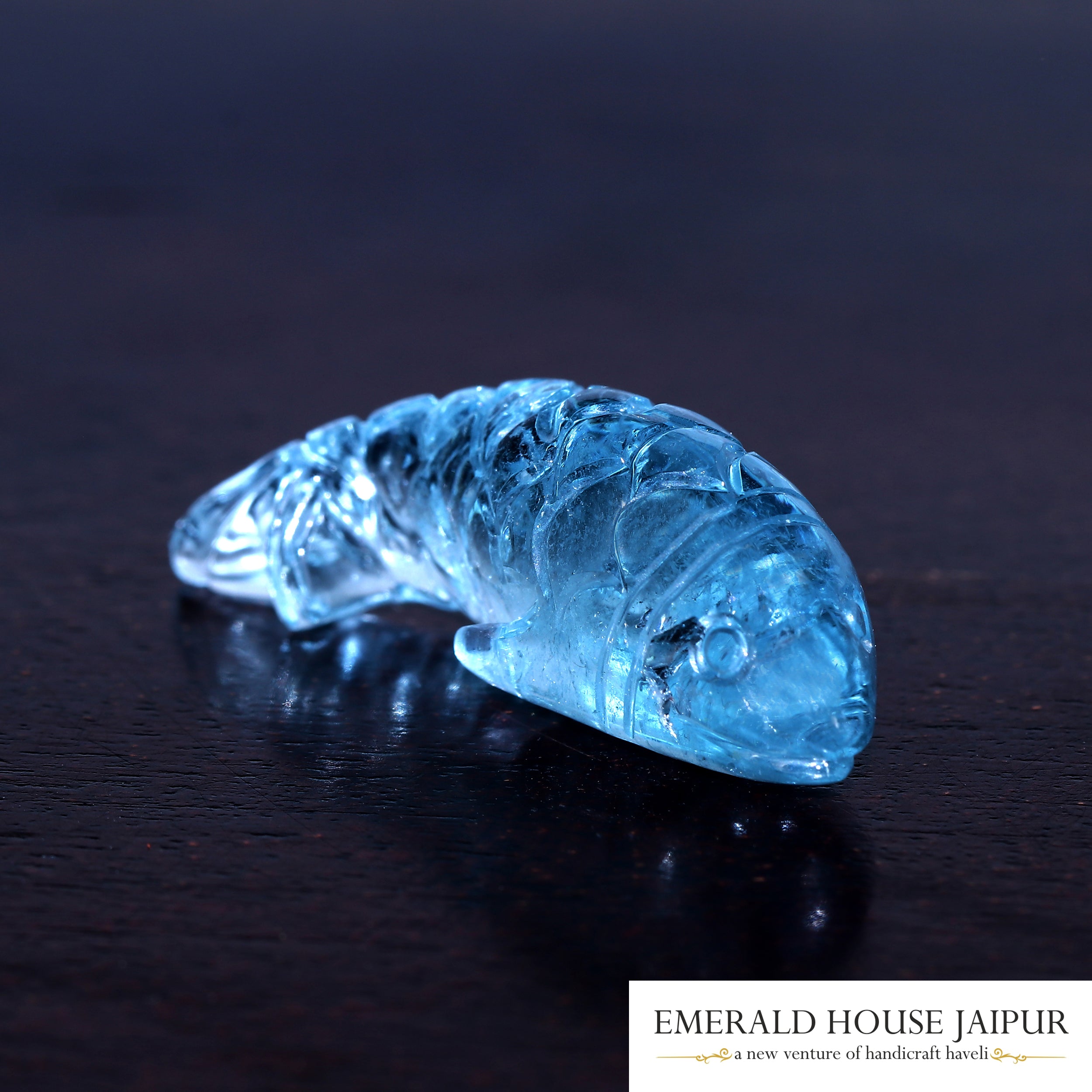 Carved Aquamarine Fish - Emerald House Jaipur