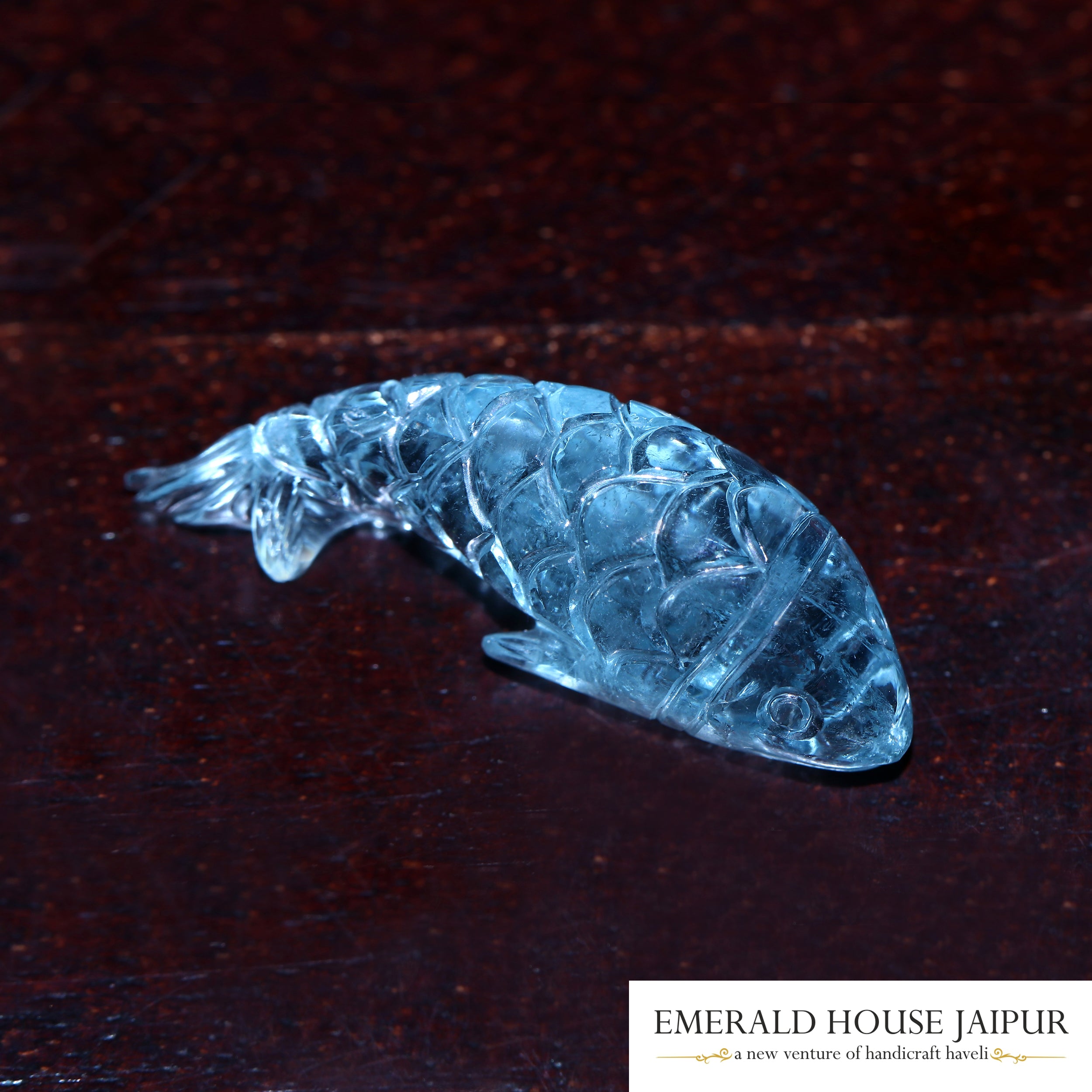 Carved Aquamarine Fish - Emerald House Jaipur