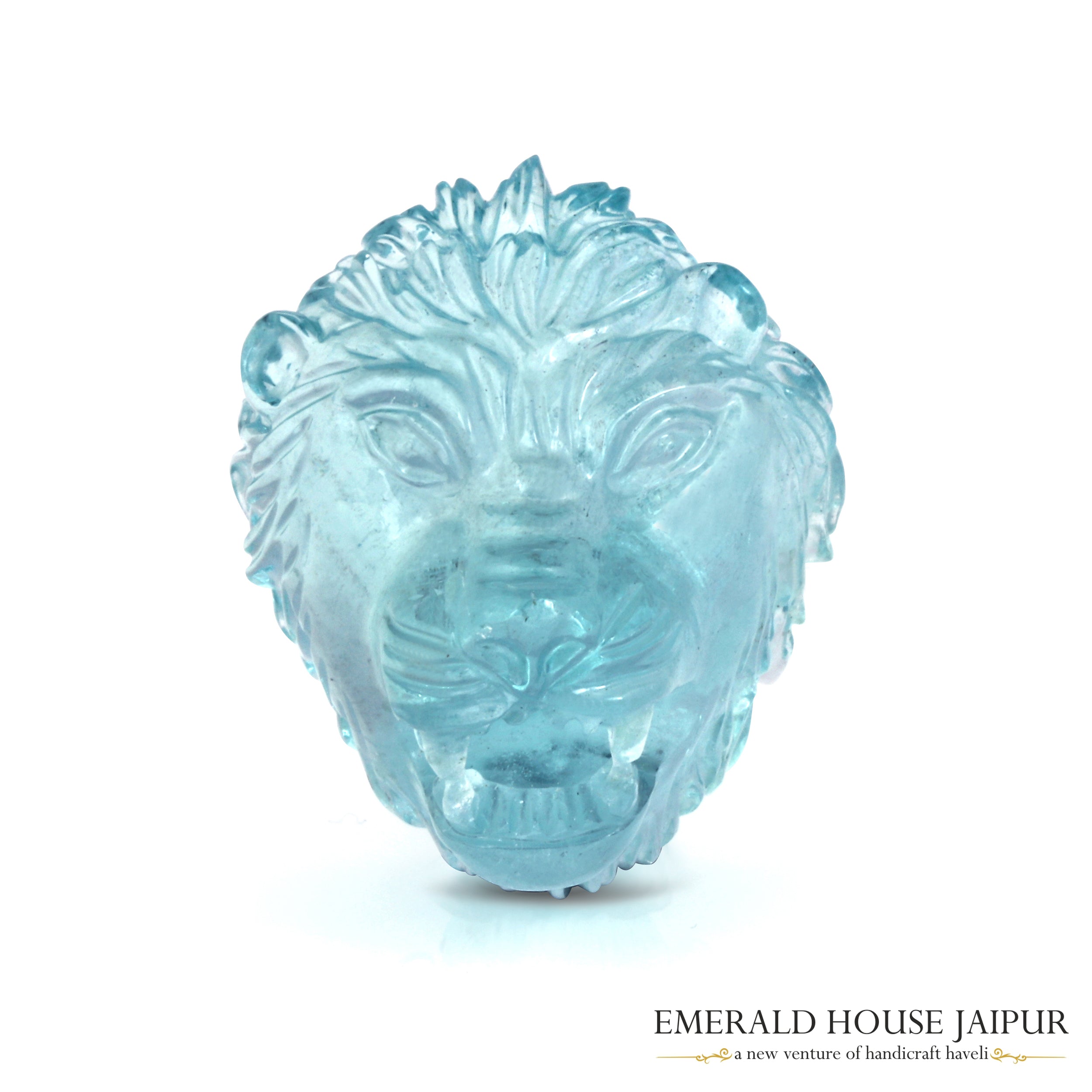 Carved Aquamarine Lion - Emerald House Jaipur