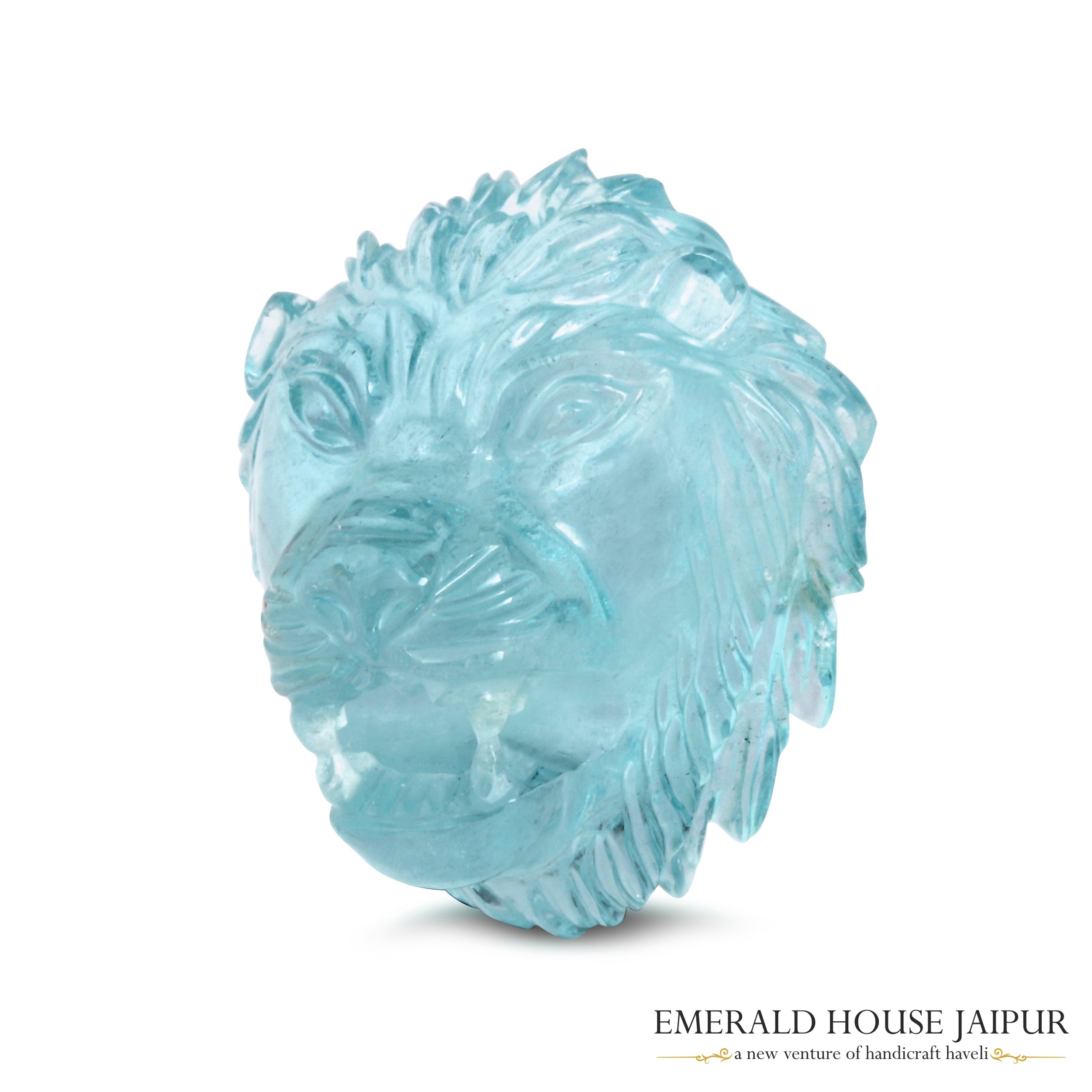 Carved Aquamarine Lion - Emerald House Jaipur