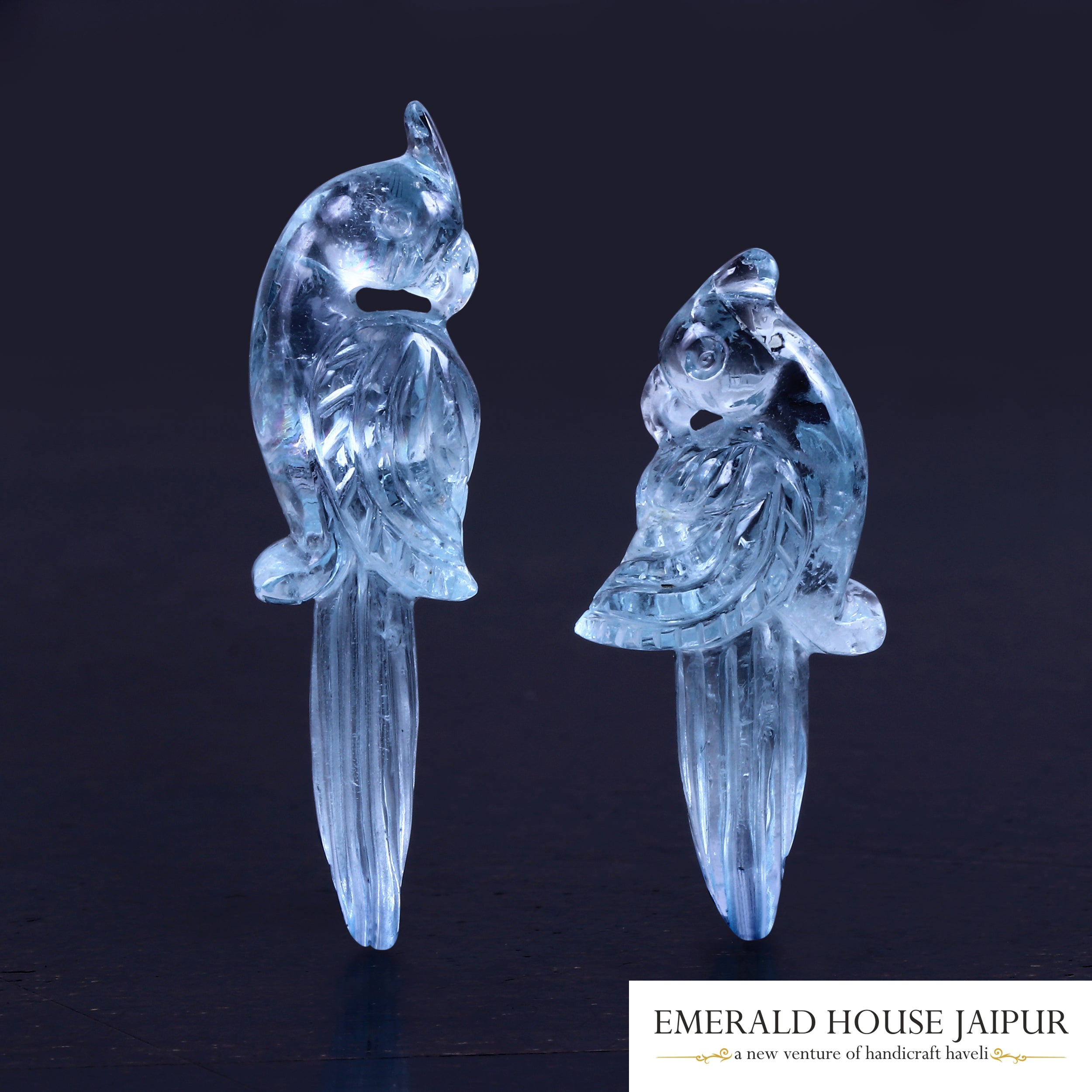 Carved Aquamarine Parrot Pair - Emerald House Jaipur