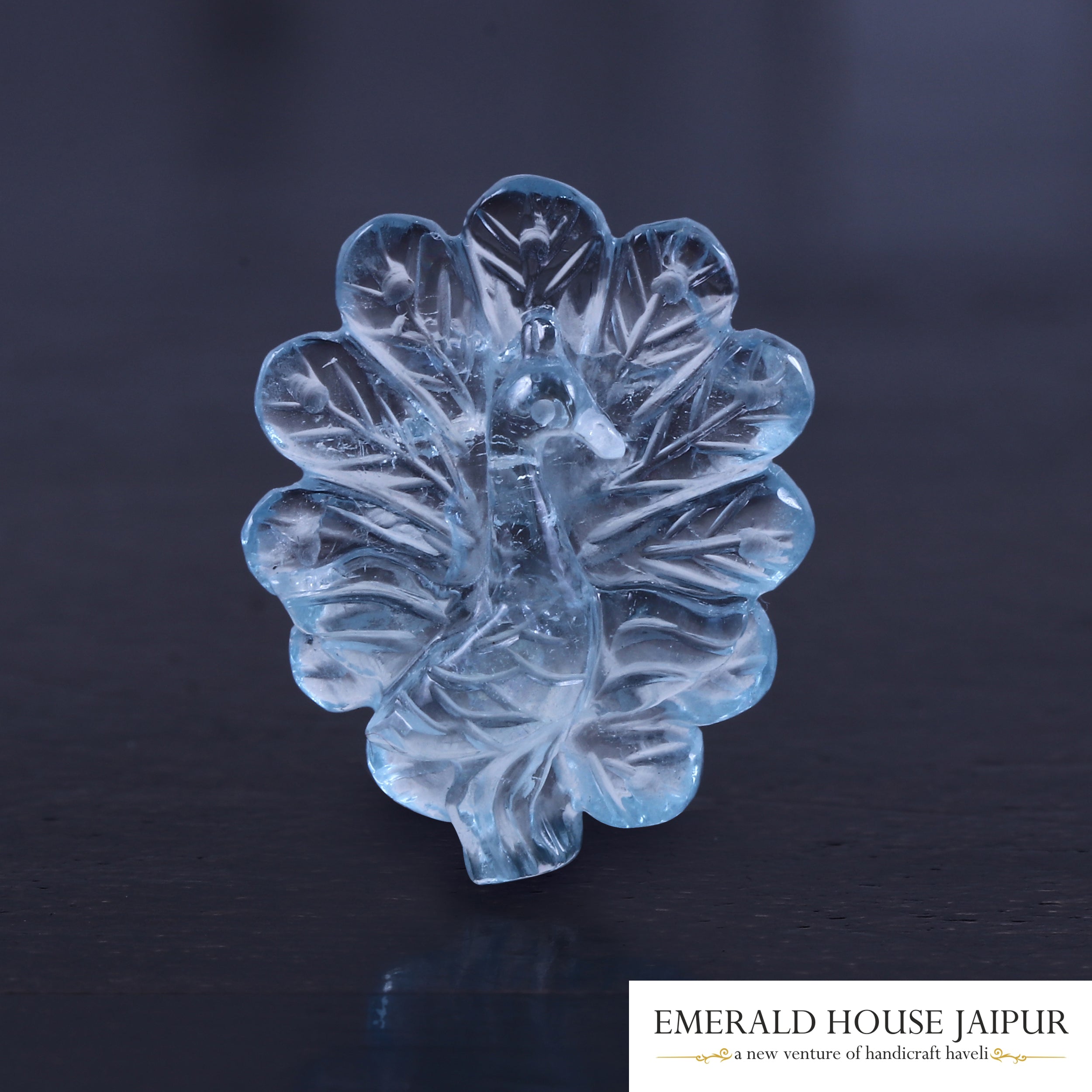 Carved Aquamarine Peachick - Emerald House Jaipur