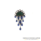 Carved Emerald & (Polki) Diamonds with Tanzanite Drops Brooch - Emerald House Jaipur