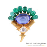 Emerald drops with Tanzanite Cabochon & (Polki) Diamond Brooch - Emerald House Jaipur