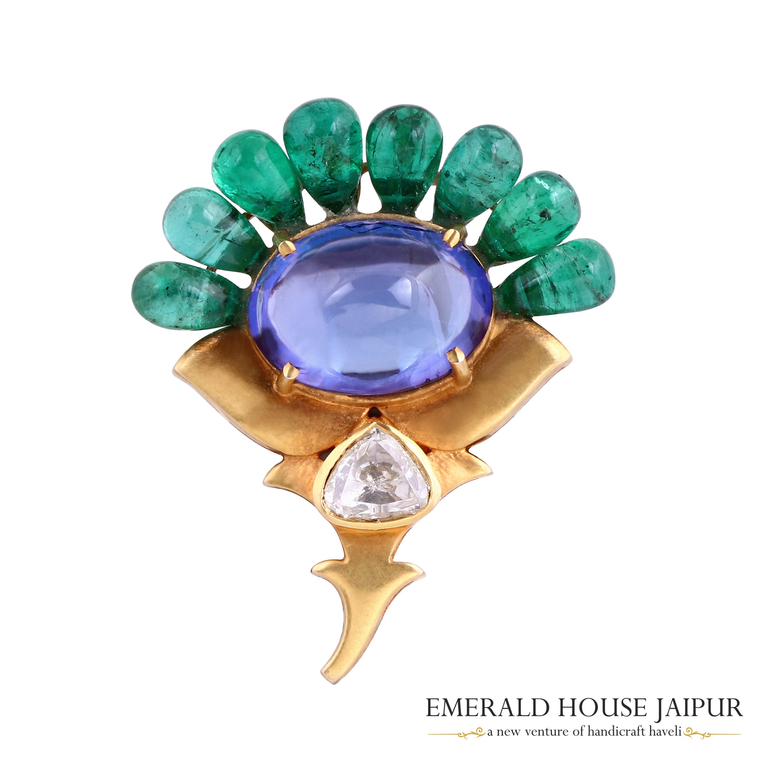 Emerald drops with Tanzanite Cabochon & (Polki) Diamond Brooch - Emerald House Jaipur