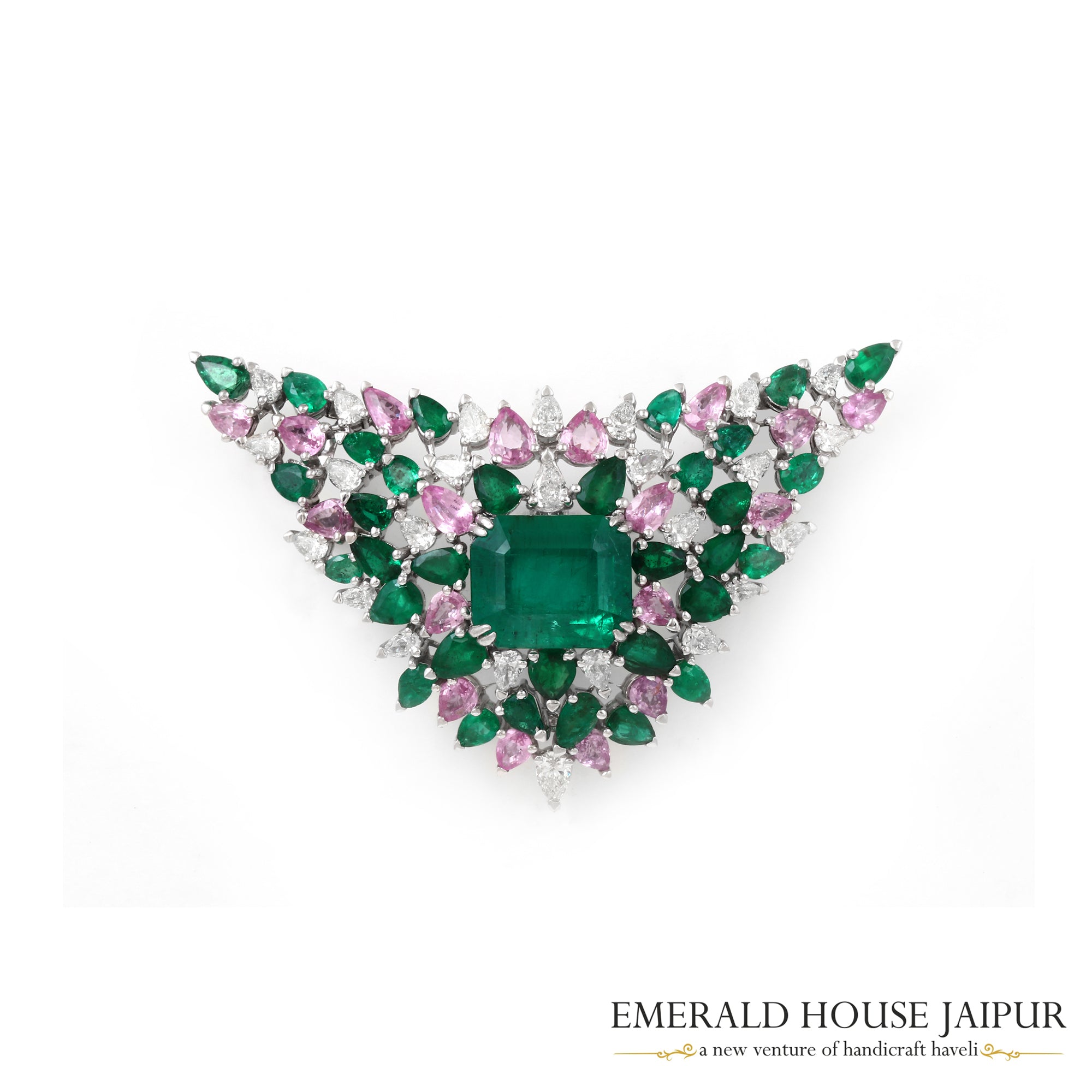 Emerald with Pink Sapphire & Diamonds Brooch cum Pendant - Emerald House Jaipur