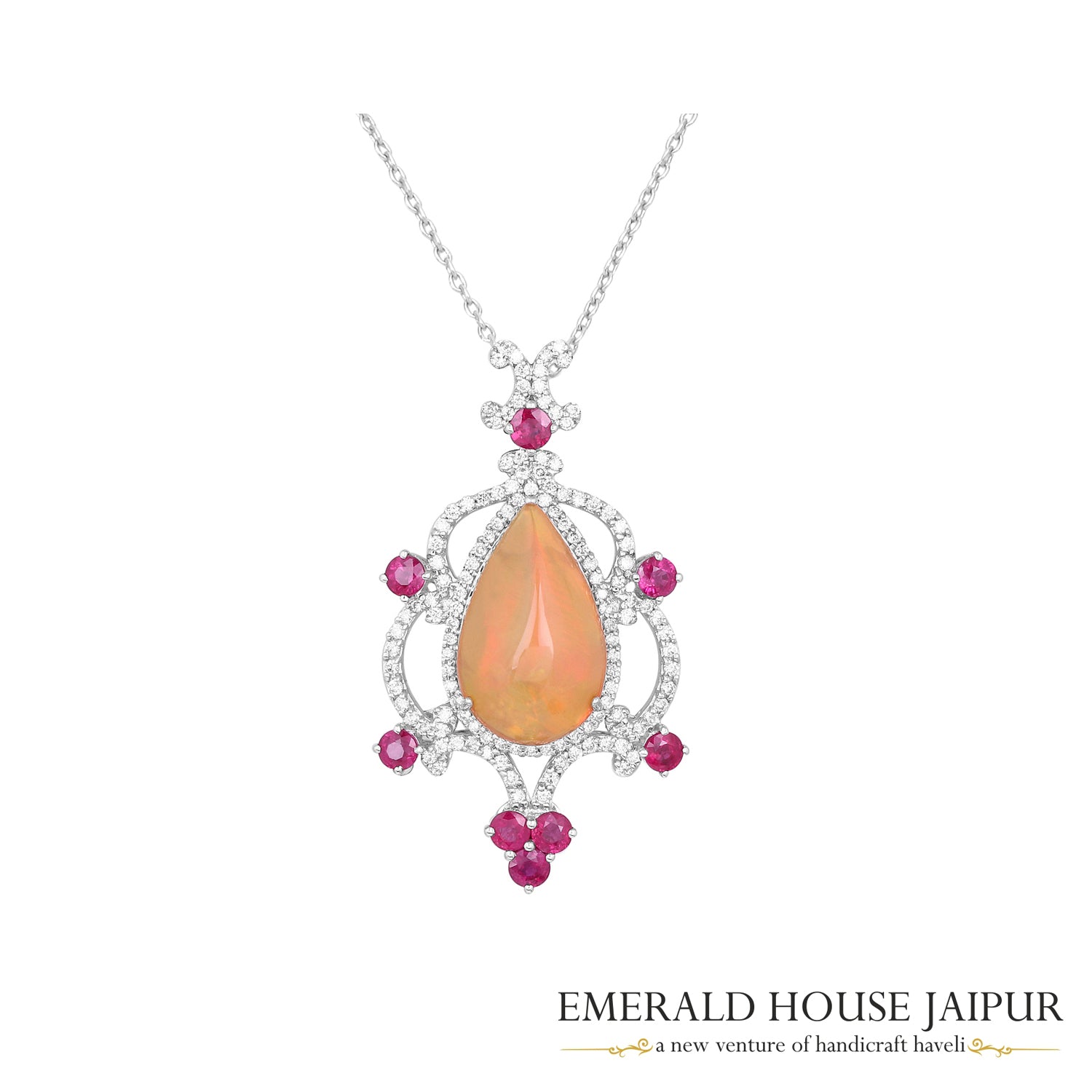 Floral Opal with Rubies & Diamonds Pendant cum Brooch - Emerald House Jaipur