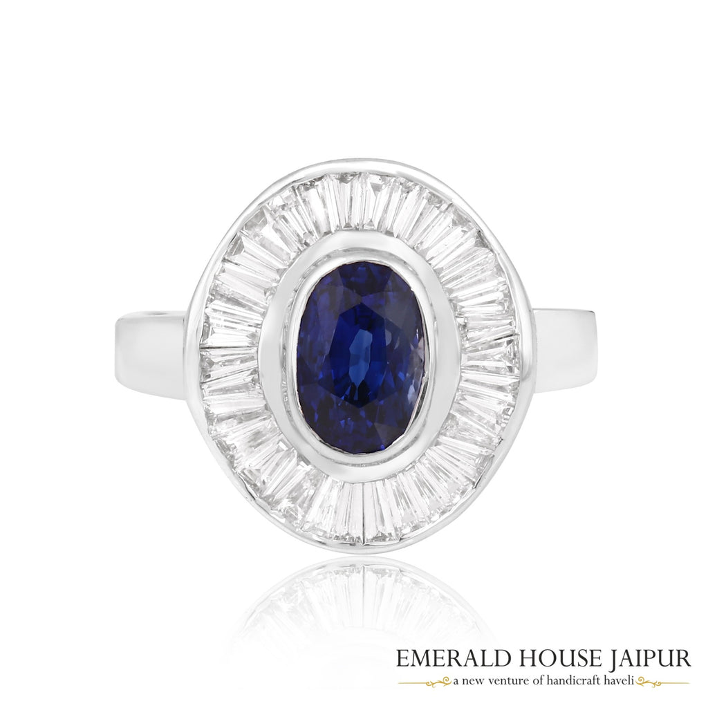 Ceylon Oval Blue Sapphire Ring With Baguettes Diamonds In 18K White Gold