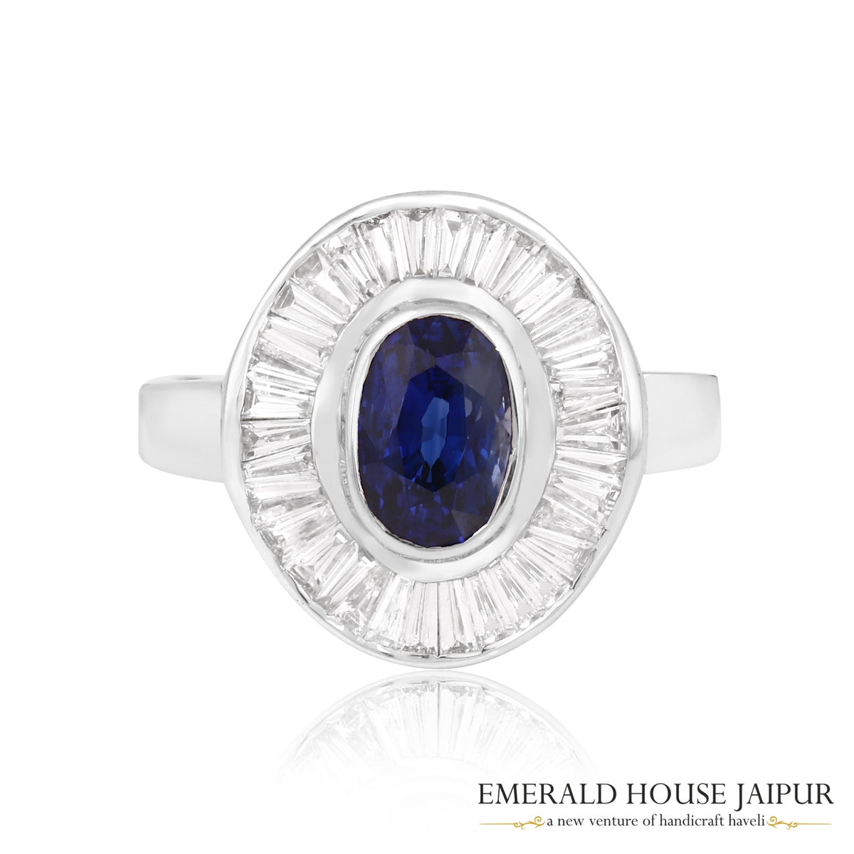 Ceylon Oval Blue Sapphire Ring With Baguettes Diamonds In 18K White Gold