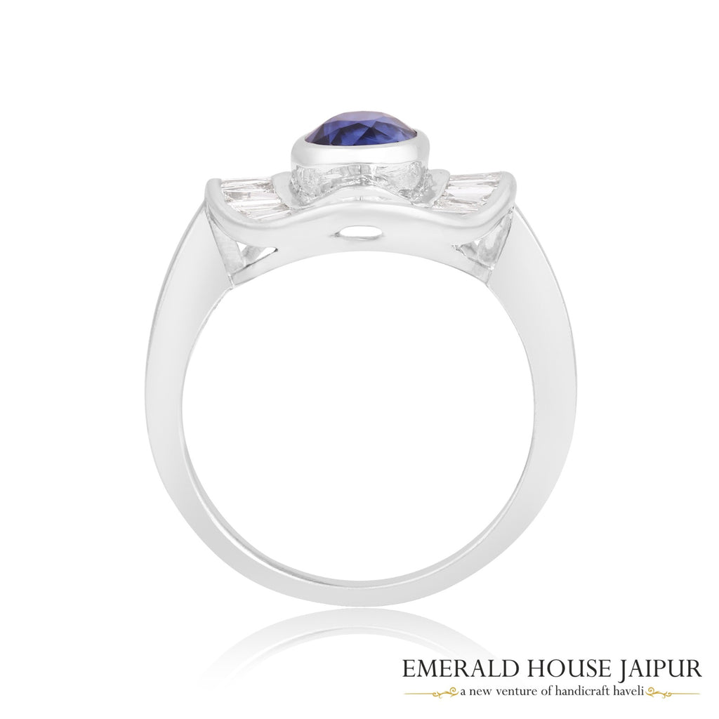 Ceylon Oval Blue Sapphire Ring With Baguettes Diamonds In 18K White Gold