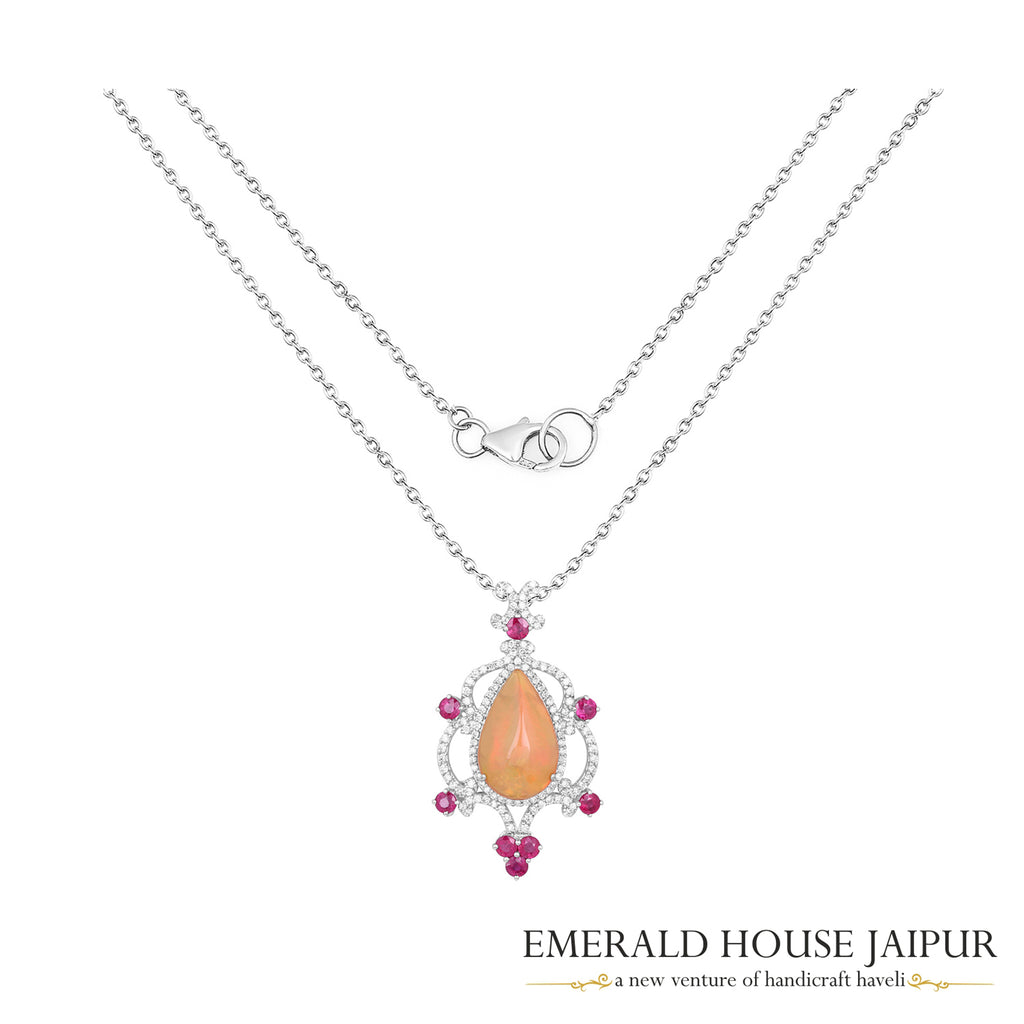 Pear Opal Ruby and Diamond Pendant in 18K White Gold