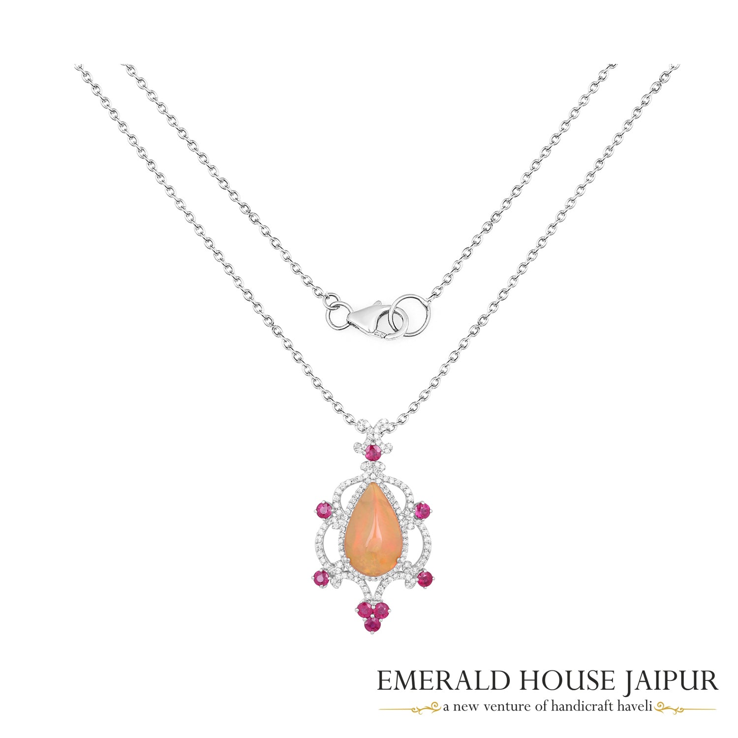Pear Opal Ruby and Diamond Pendant in 18K White Gold
