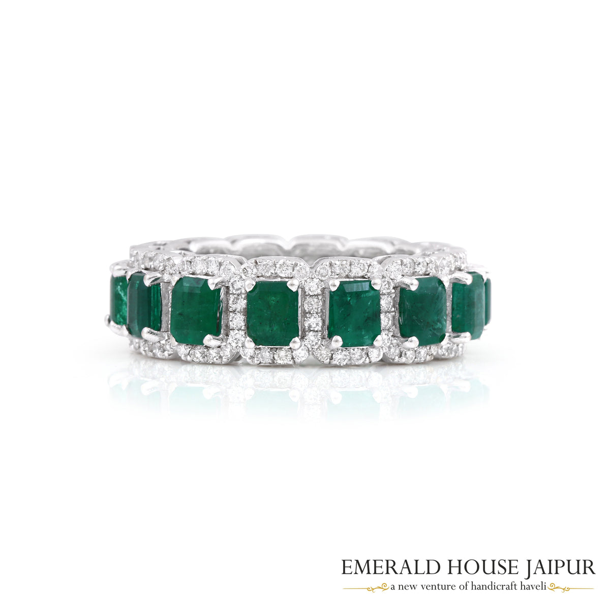 Rectangular Step-Cut Zambian Emerald & Round Brilliant-Cut Diamond Band Ring in 18K White Gold