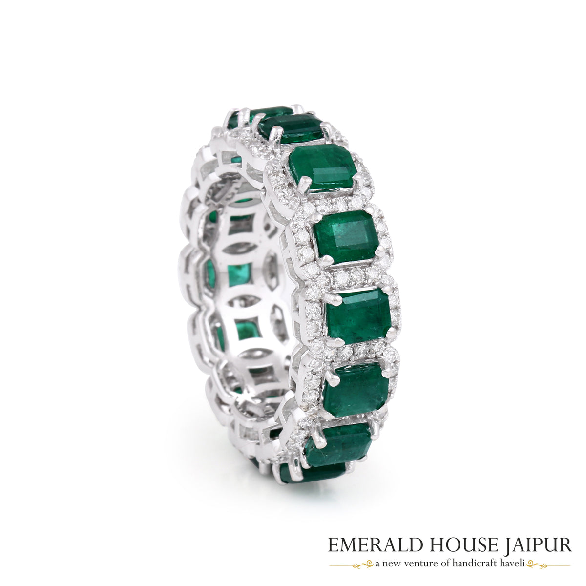 Rectangular Step-Cut Zambian Emerald & Round Brilliant-Cut Diamond Band Ring in 18K White Gold
